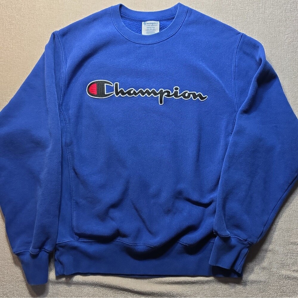 Champion Reverso Weave Mens Blue Crewneck Logo Athletic Pullover Fleece Size M